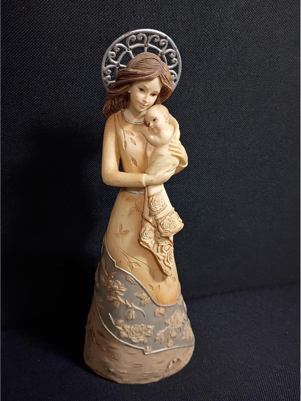 Decorative Figurine of Woman Holding Baby with Floral Dress and Silver Halo
